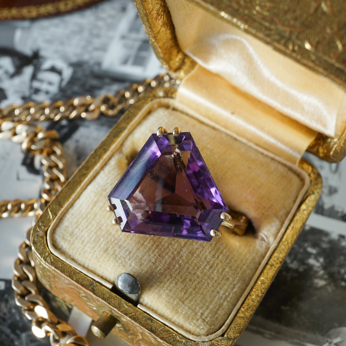 Triangular Amethyst Cocktail Ring in 14k Yellow Gold