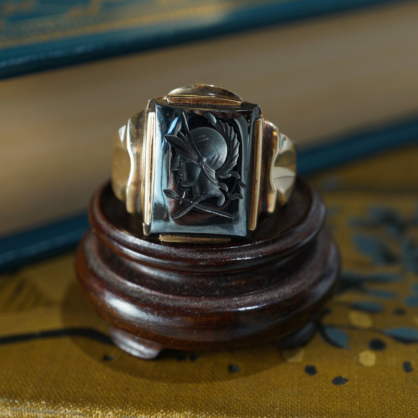 Vintage Hematite Gladiator Men's Ring in 10k Yellow Gold