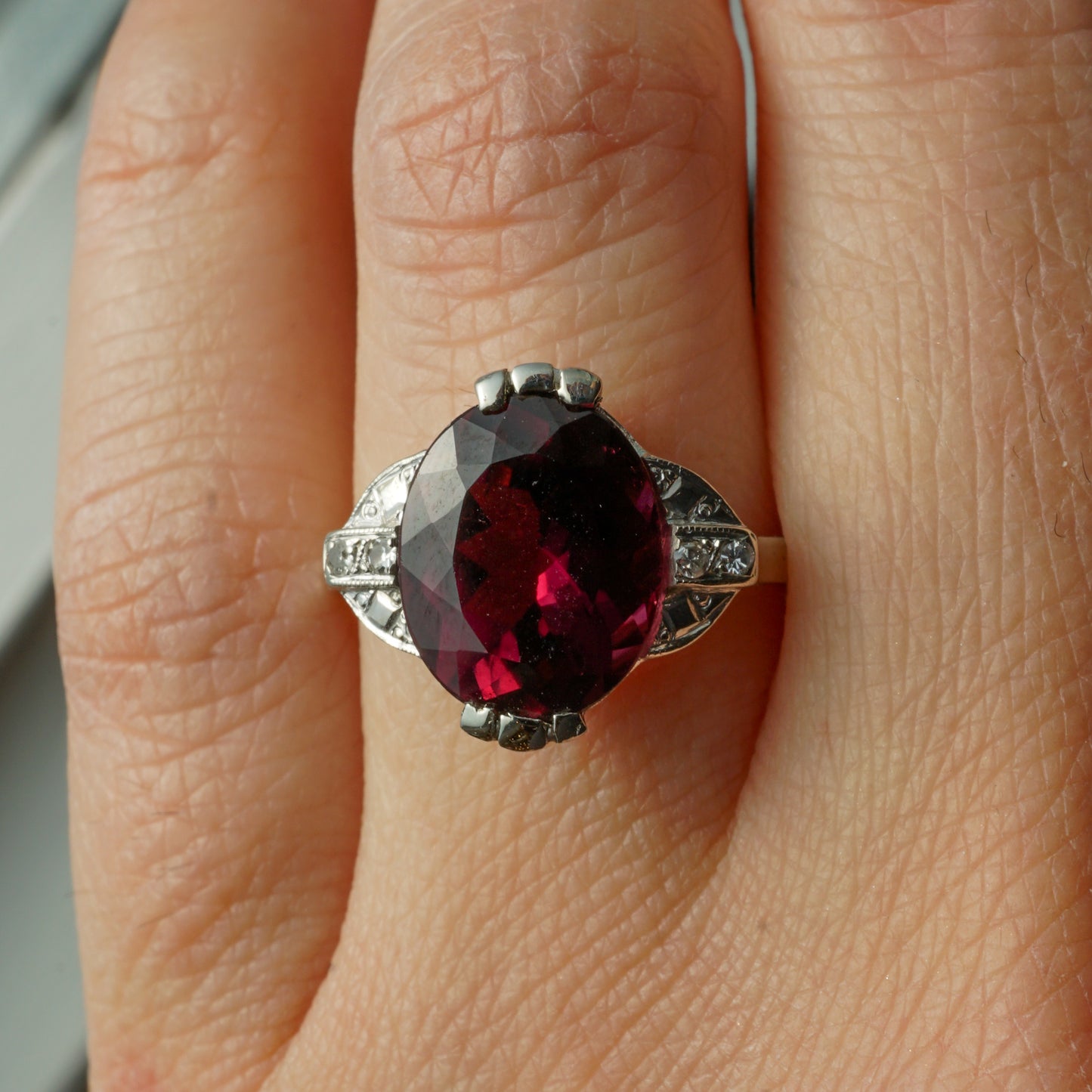 Art Deco Garnet Cocktail Ring w/ Diamonds in 14k White Gold