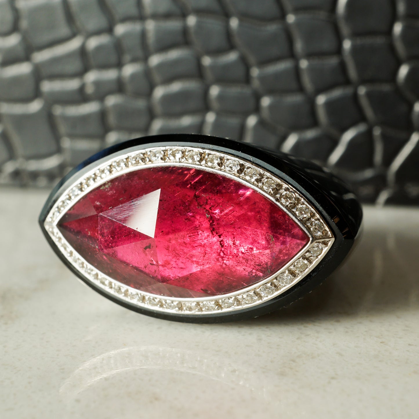 Pietra Di Luna Pink Tourmaline & Diamond Cocktail Ring in 18k White Gold