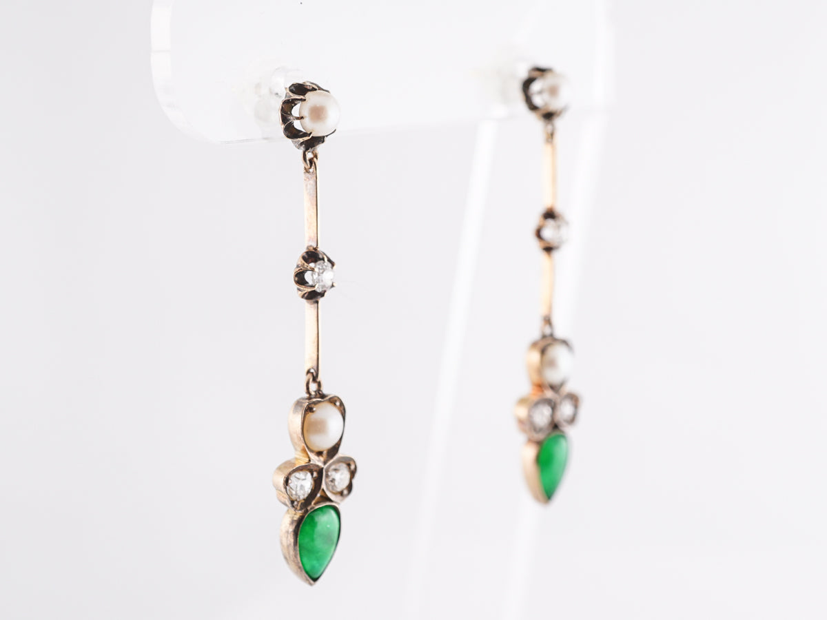 Antique Emerald and Pearl Earrings w/ Diamonds in Yellow Gold