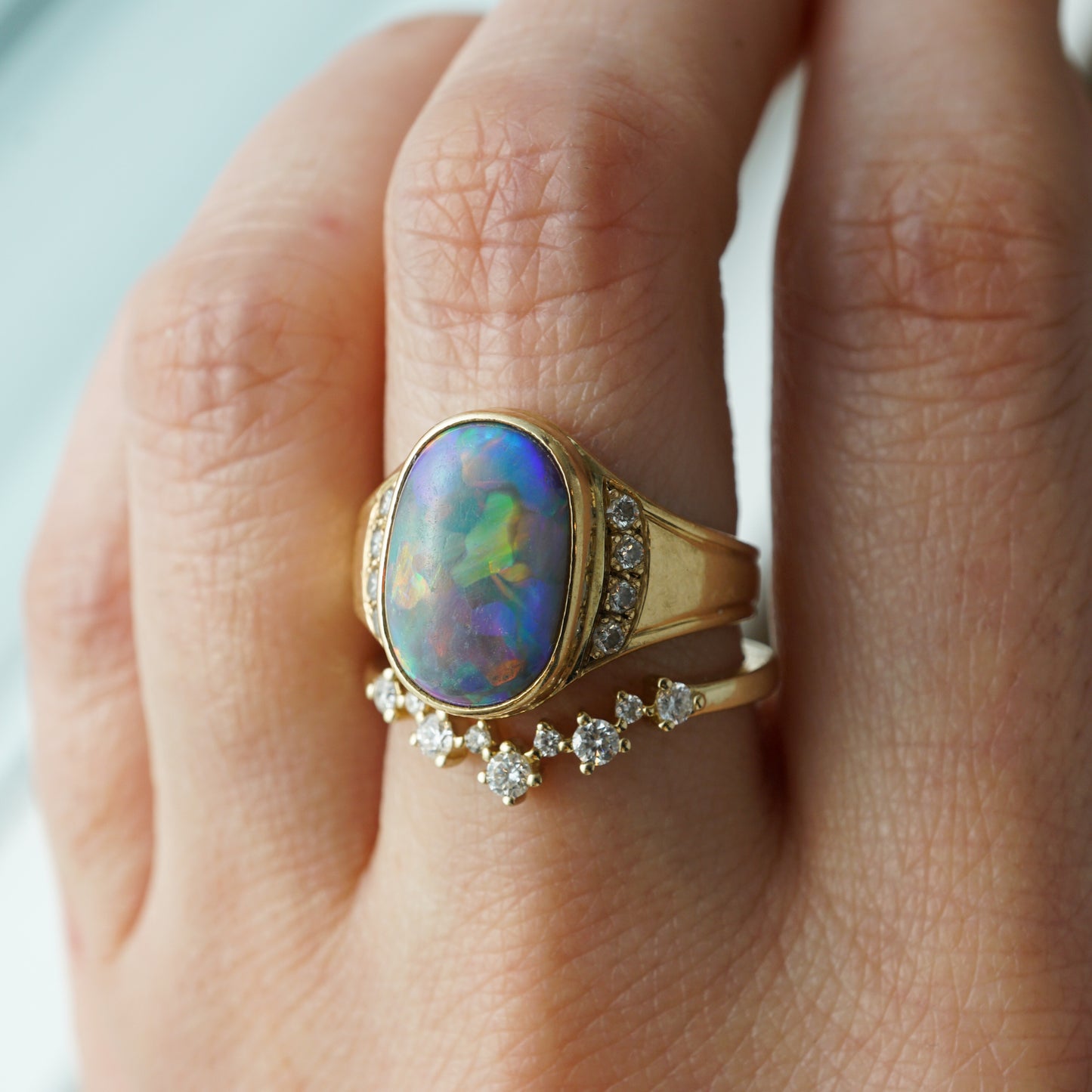 Harlequin Opal & Diamond Cocktail Ring in 18k Yellow Gold