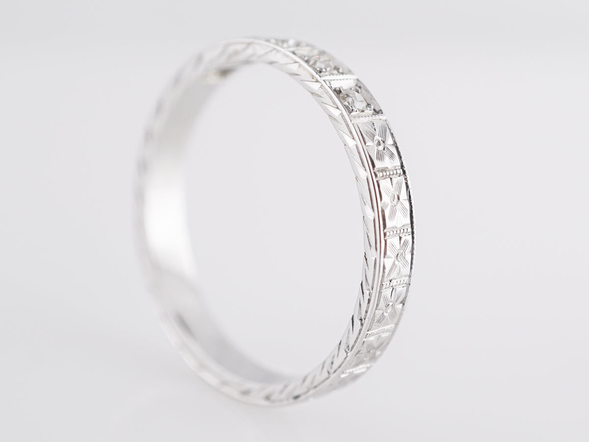 .10 Deco Single Cut Diamond Wedding Band in 18K White Gold