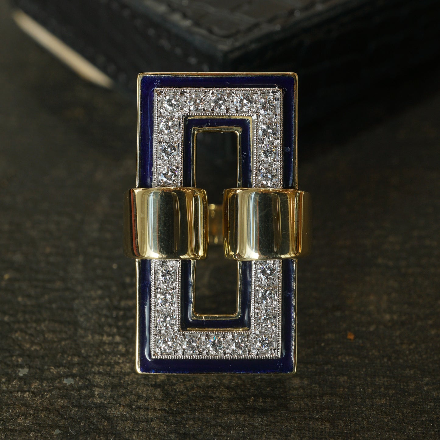 Diamond & Blue Enamel Cocktail Ring 18k Gold