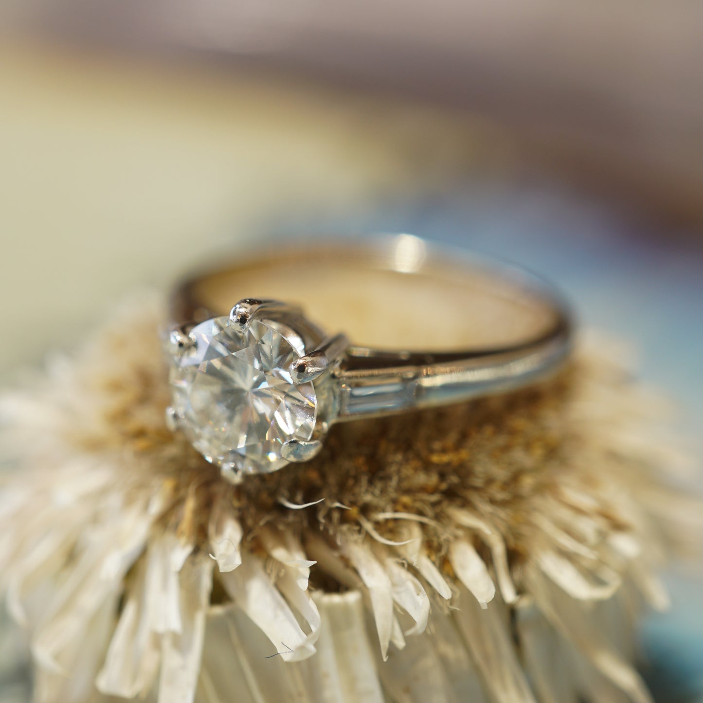 1950's Round Brilliant Diamond Engagement Ring in 18k White Gold