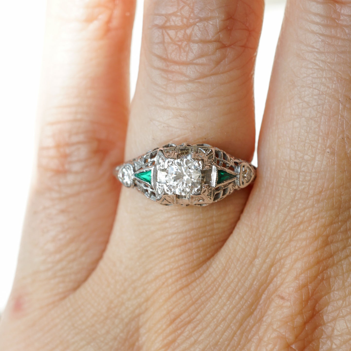 .27 Art Deco Diamond & Emerald Engagement Ring in 18k White Gold