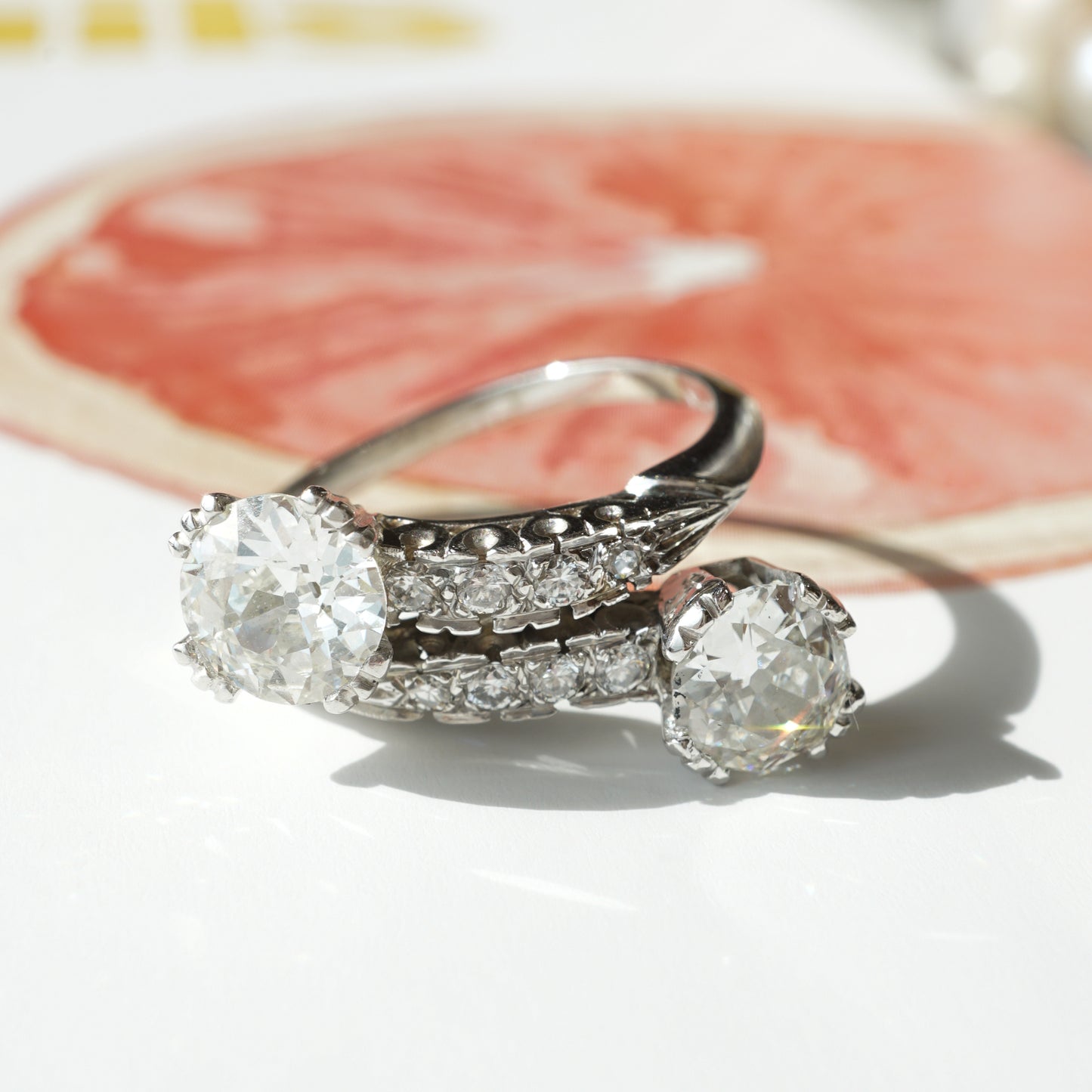 Mid-Century Two-Stone Diamond Engagement Ring in 14k White Gold