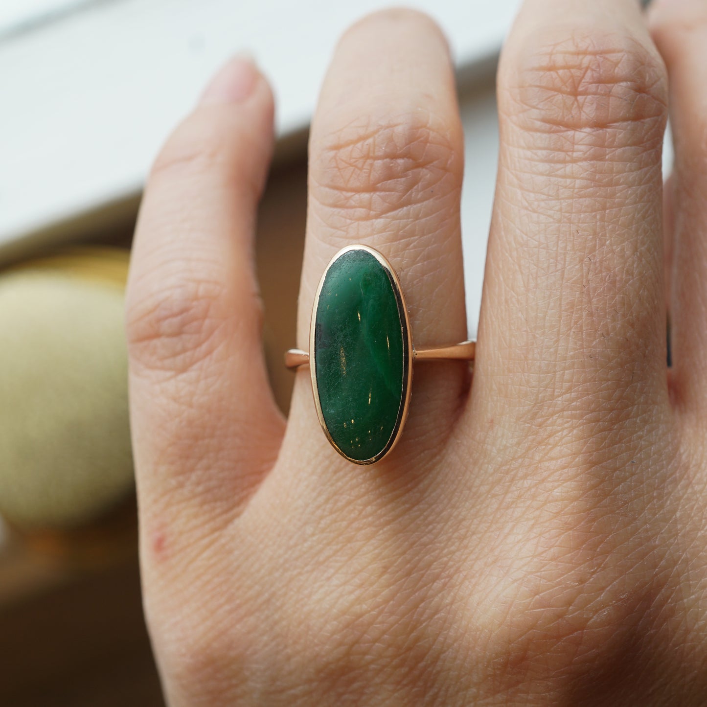 Mid-Century Elongated Oval Jade Ring in 14k Yellow Gold
