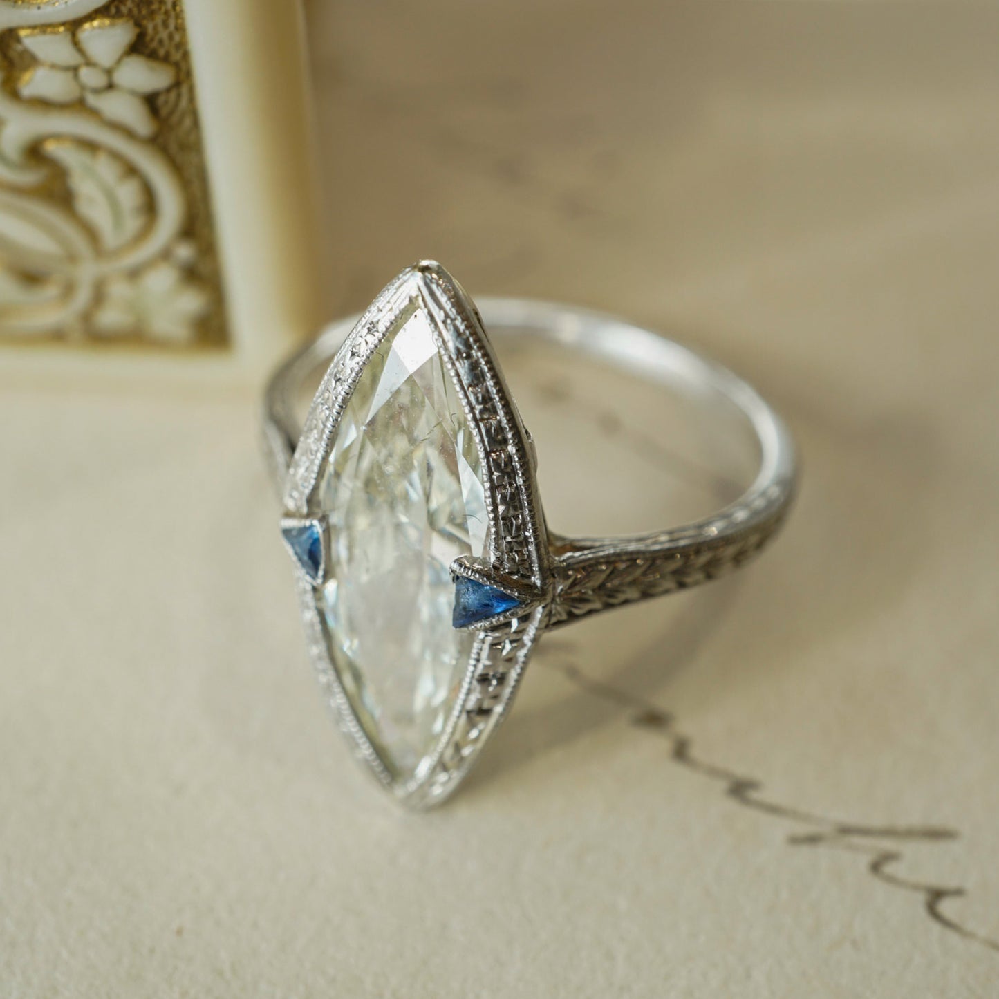 2.44 GIA Marquise Cut Diamond & Sapphire Ring in Platinum