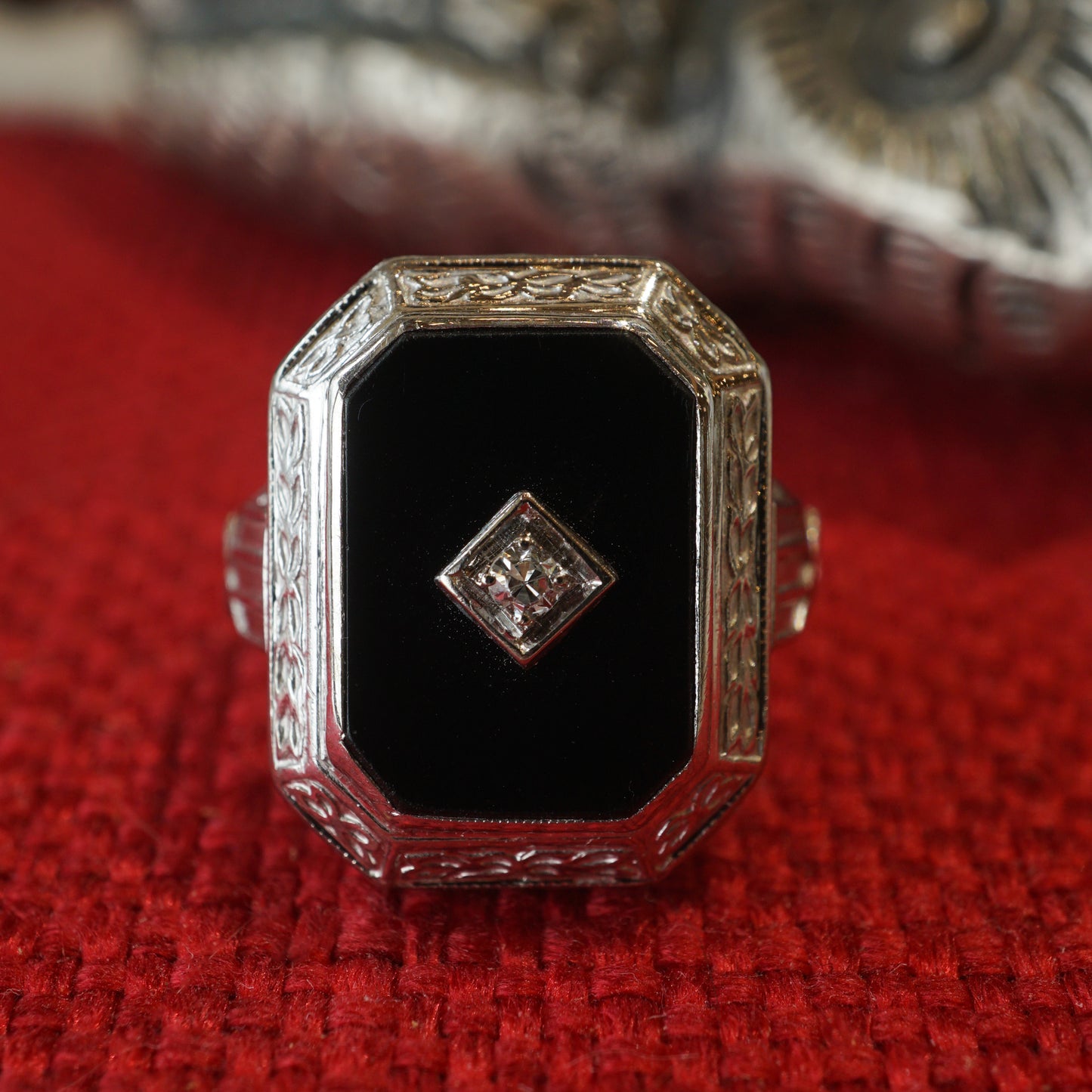 Art Deco Rectangular Onyx and Diamond Ring in 14k White Gold