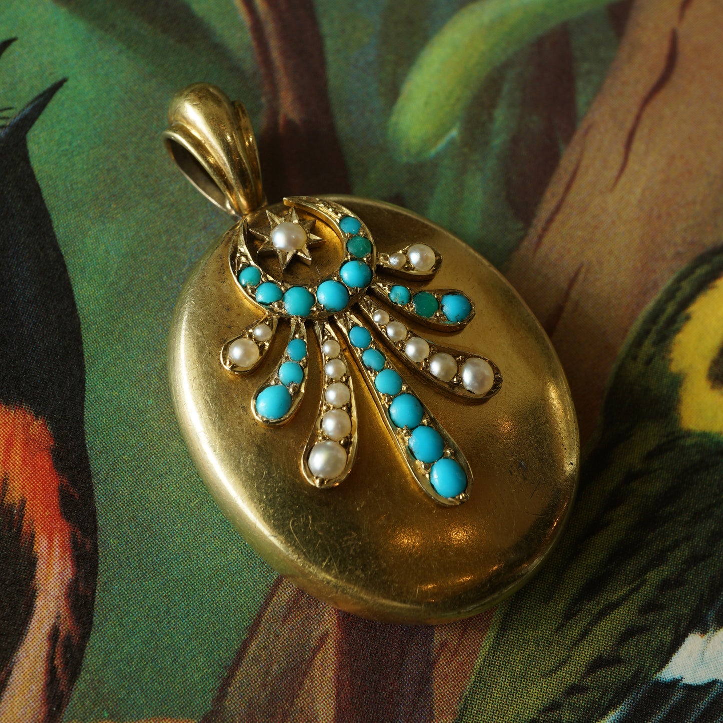 Antique Victorian Turquoise & Pearl Pendant in 14k Yellow Gold