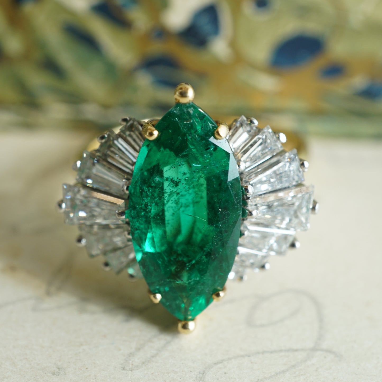 2.32 Emerald & Diamond Cocktail Ring in 18k Yellow Gold and Platinum