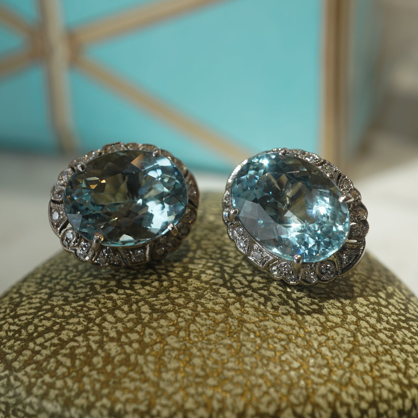 Art Deco Oval Cut Aquamarine & Diamond Earrings in 14k White Gold