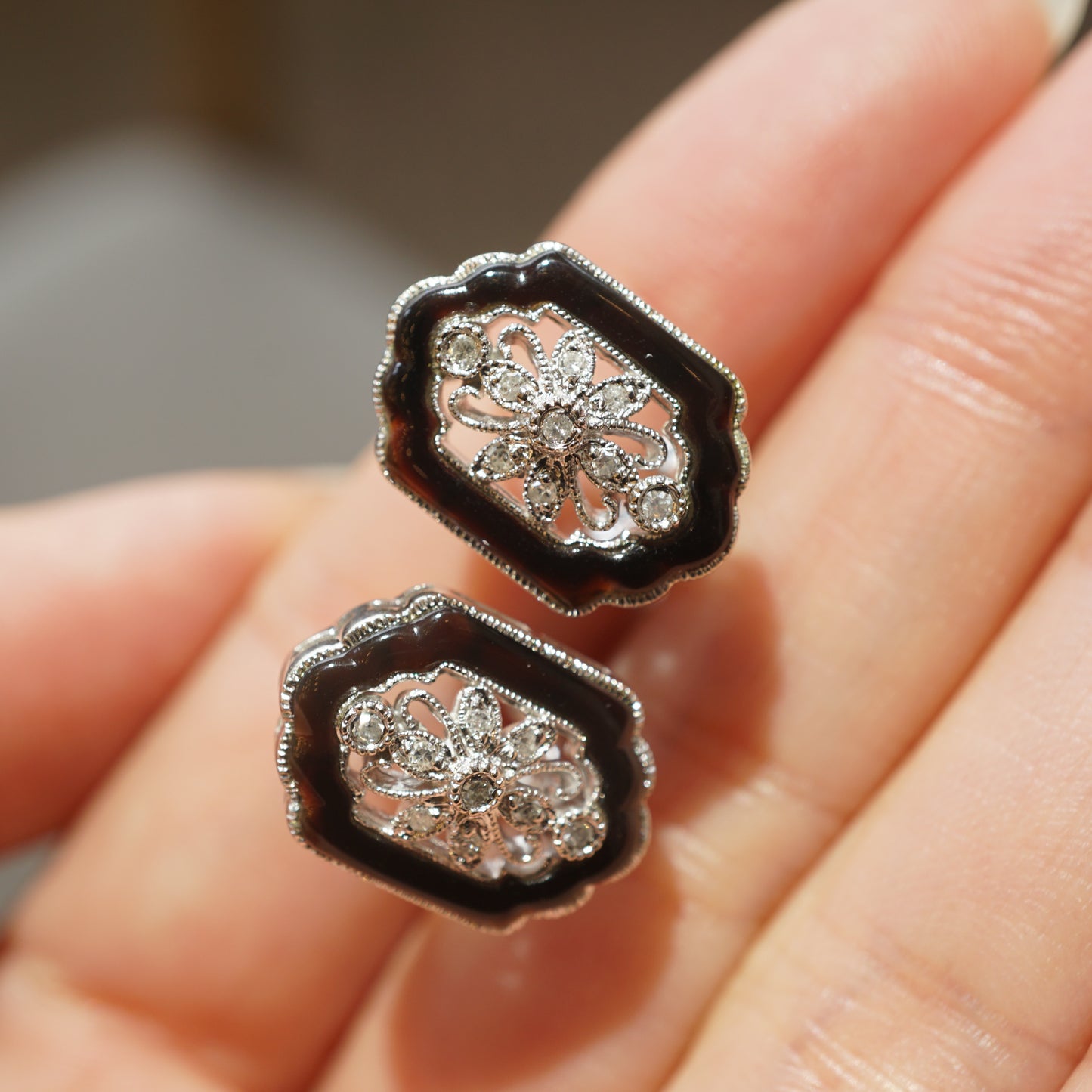 Art Deco Diamond & Enamel Stud Earrings in 14k White Gold