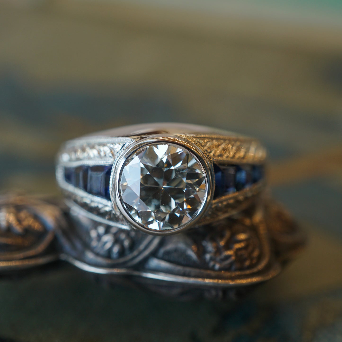 1.60 Bezel Set Diamond & Sapphire Engagement Ring in Platinum