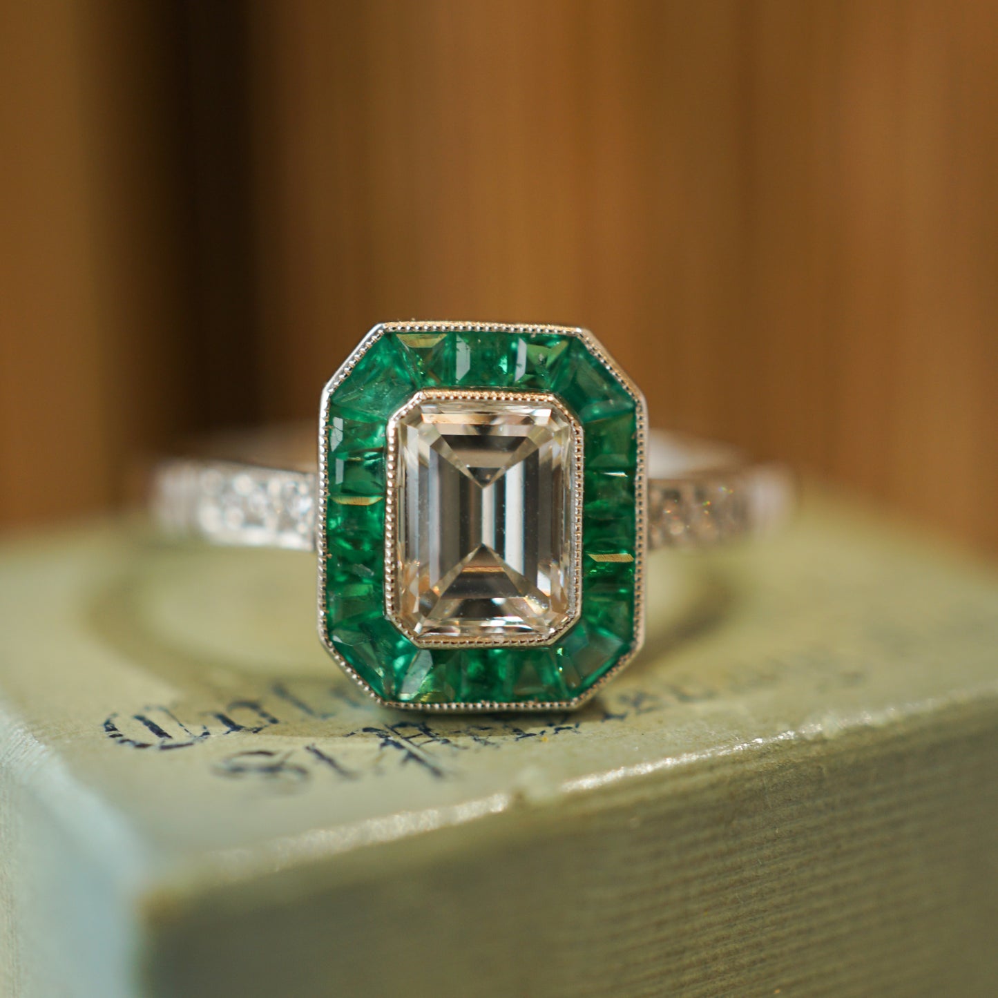 .74 Emerald Cut Diamond & Emerald Engagement Ring in Platinum