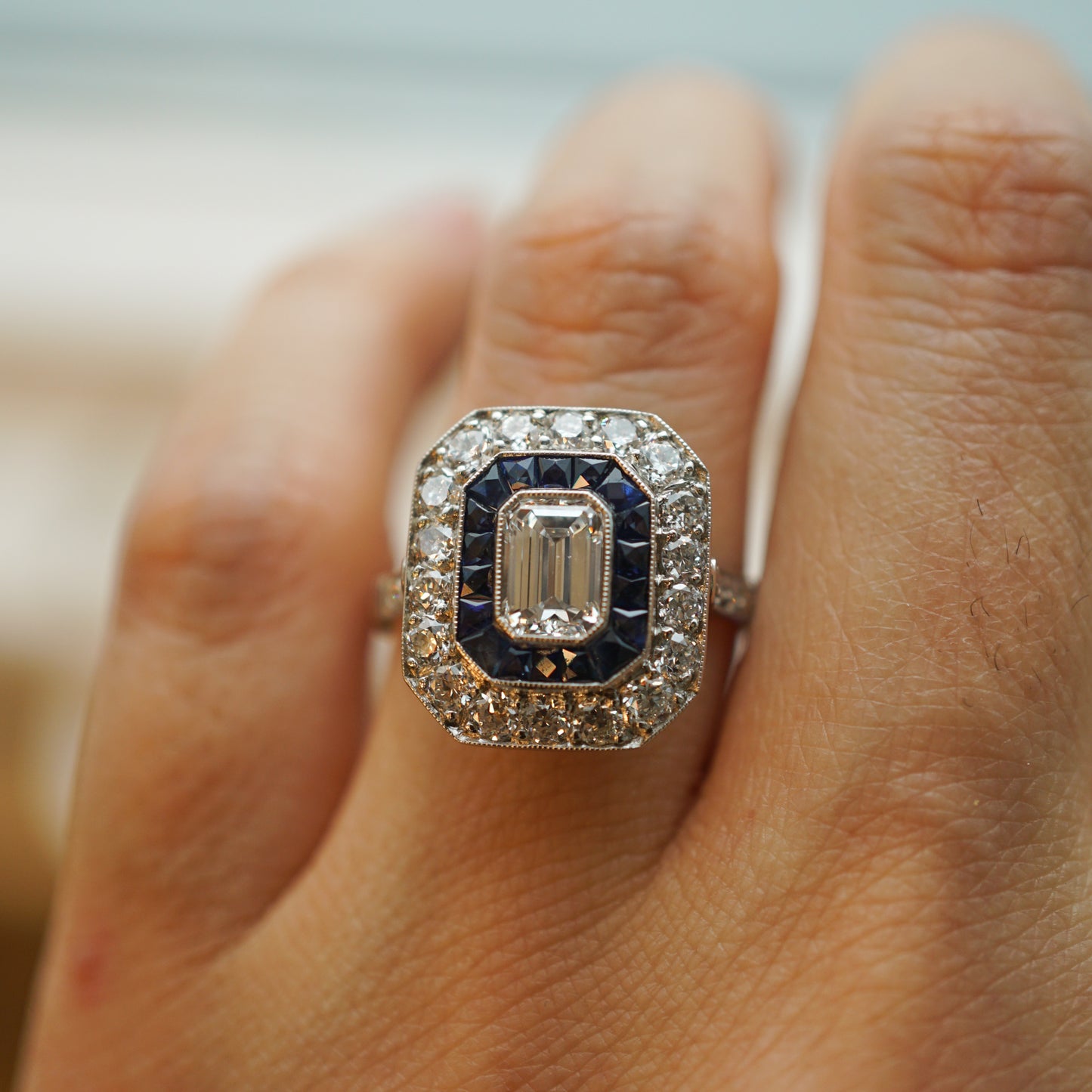 .58 Emerald Cut Diamond and Sapphire Engagement Ring in Platinum