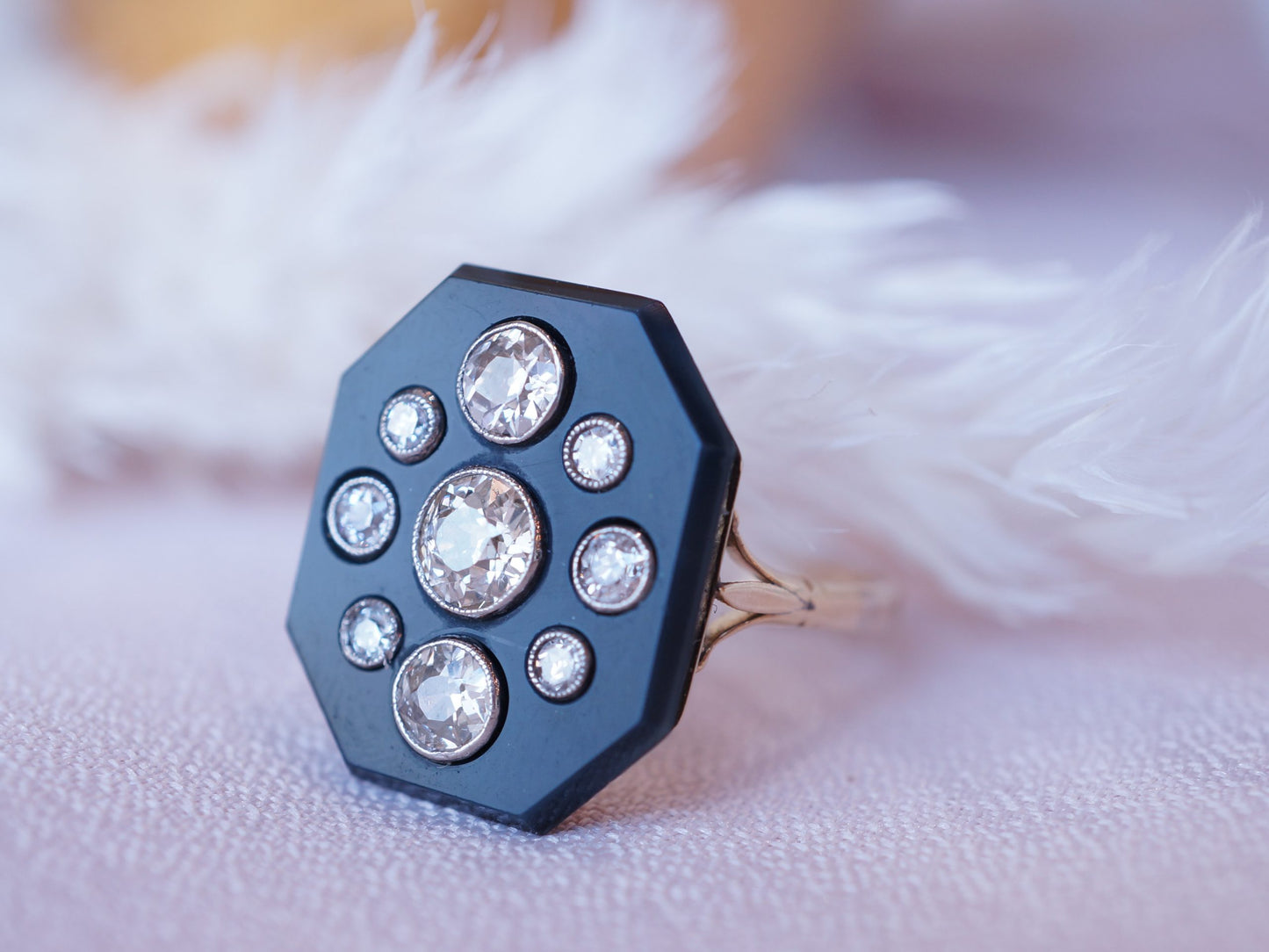 Victorian Onyx Cocktail Ring W/ Old European Cut Diamonds 14k