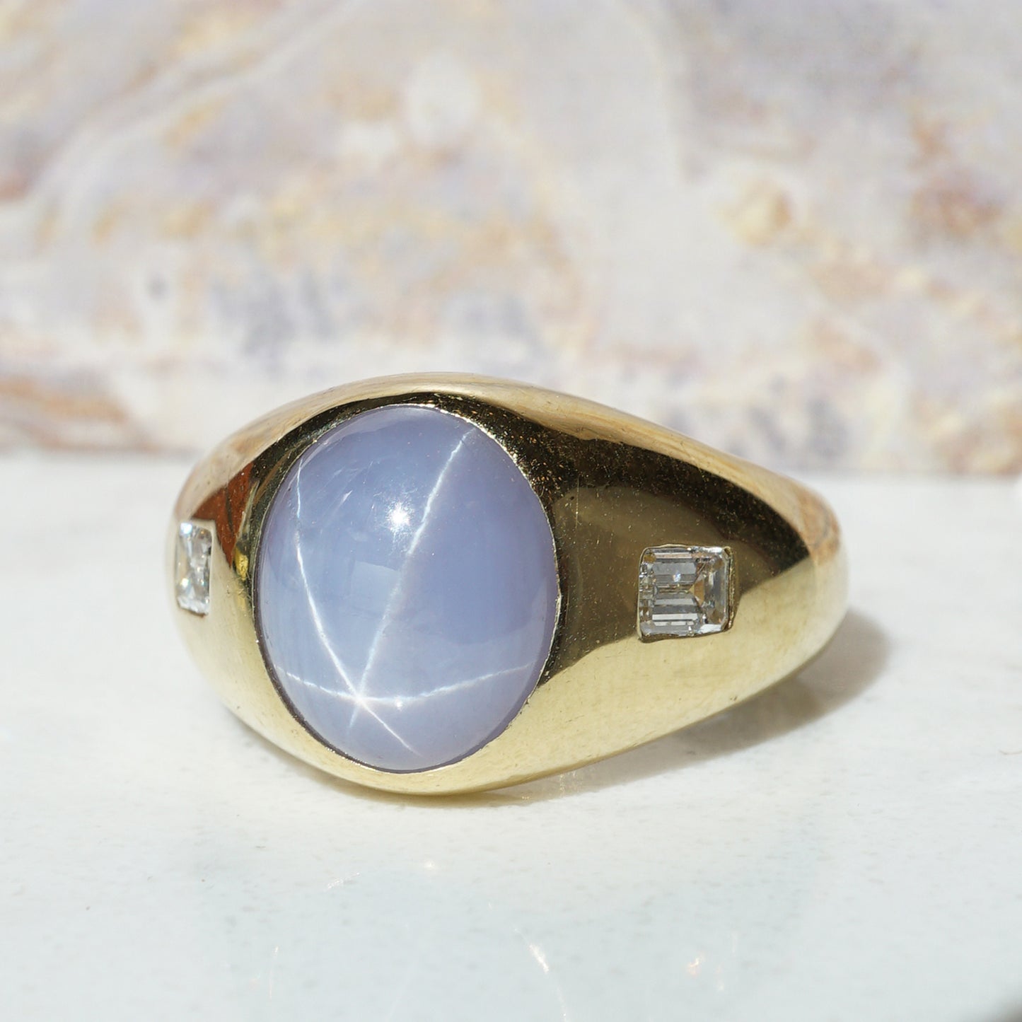 10.90 Star Sapphire & Diamond Men's Ring in 18K Yellow Gold