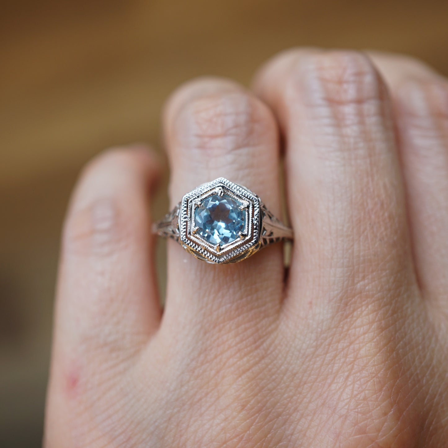 Art Deco Hexagonal Aquamarine Ring in 18K White Gold