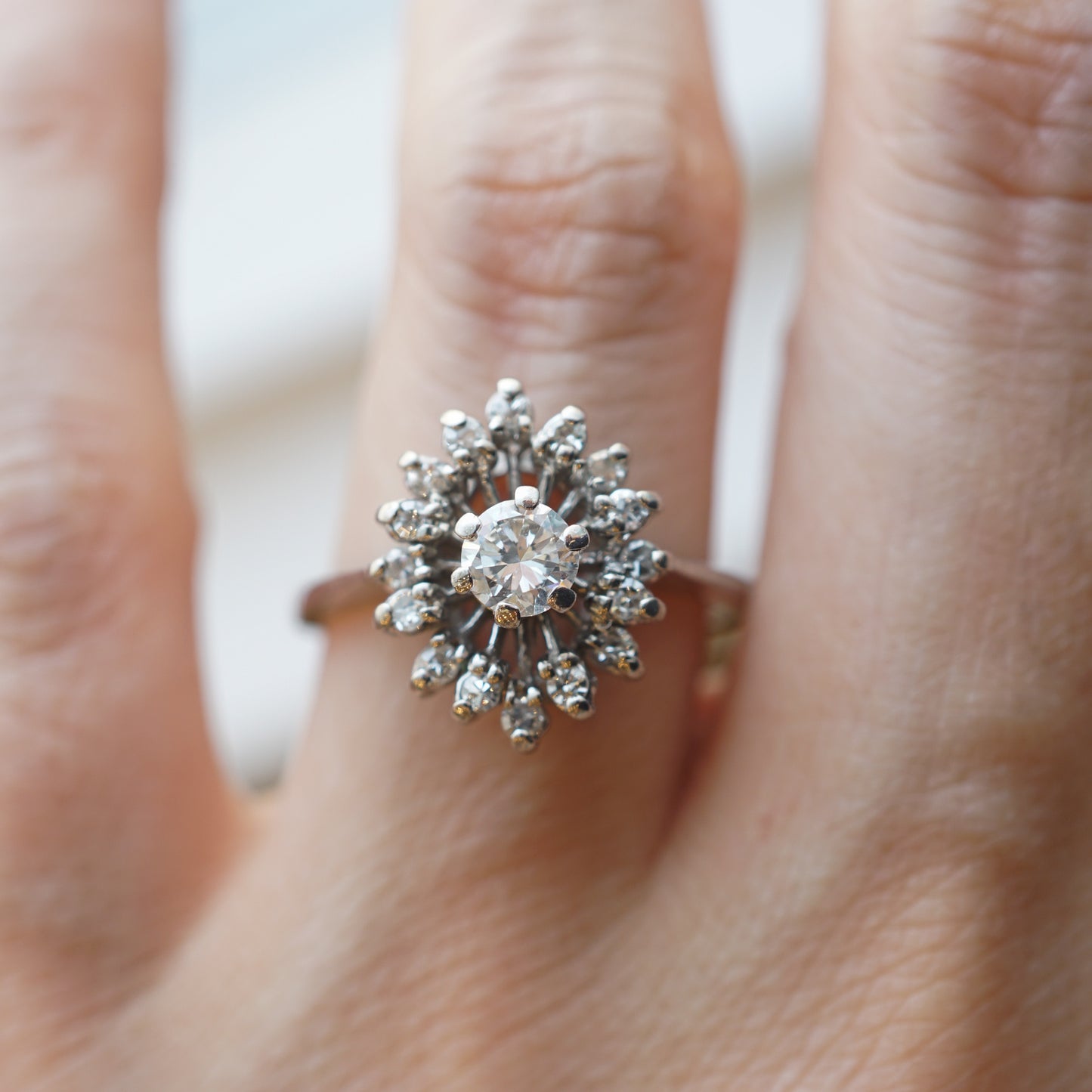 Mid-Century Cluster Diamond Engagement Ring in 14k White Gold