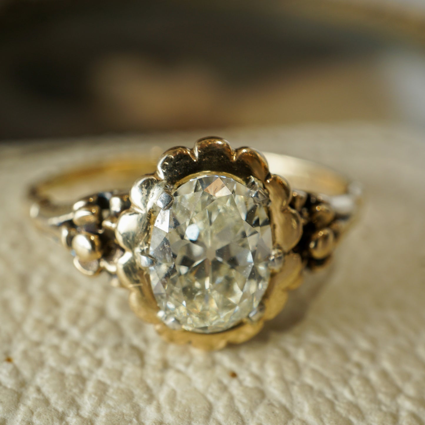 1.08 Victorian Oval Cut Diamond Engagement Ring in 14k Yellow Gold
