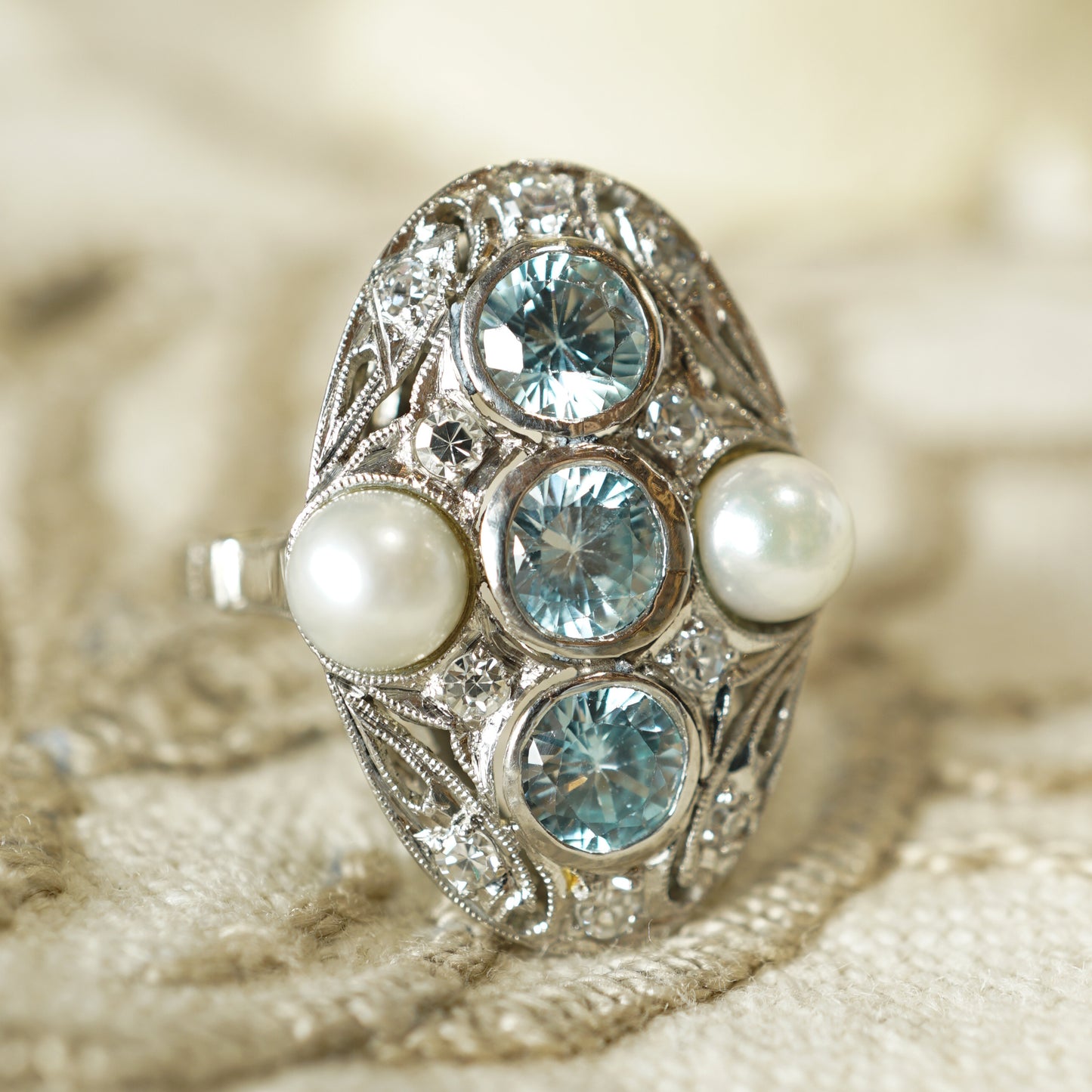 Art Deco Zircon Ring w/ Diamonds & Pearls in Platinum