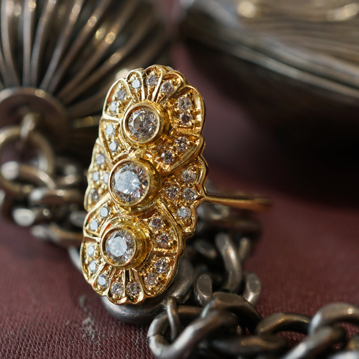 Art Deco Style Diamond Cocktail Ring in 14K Yellow Gold