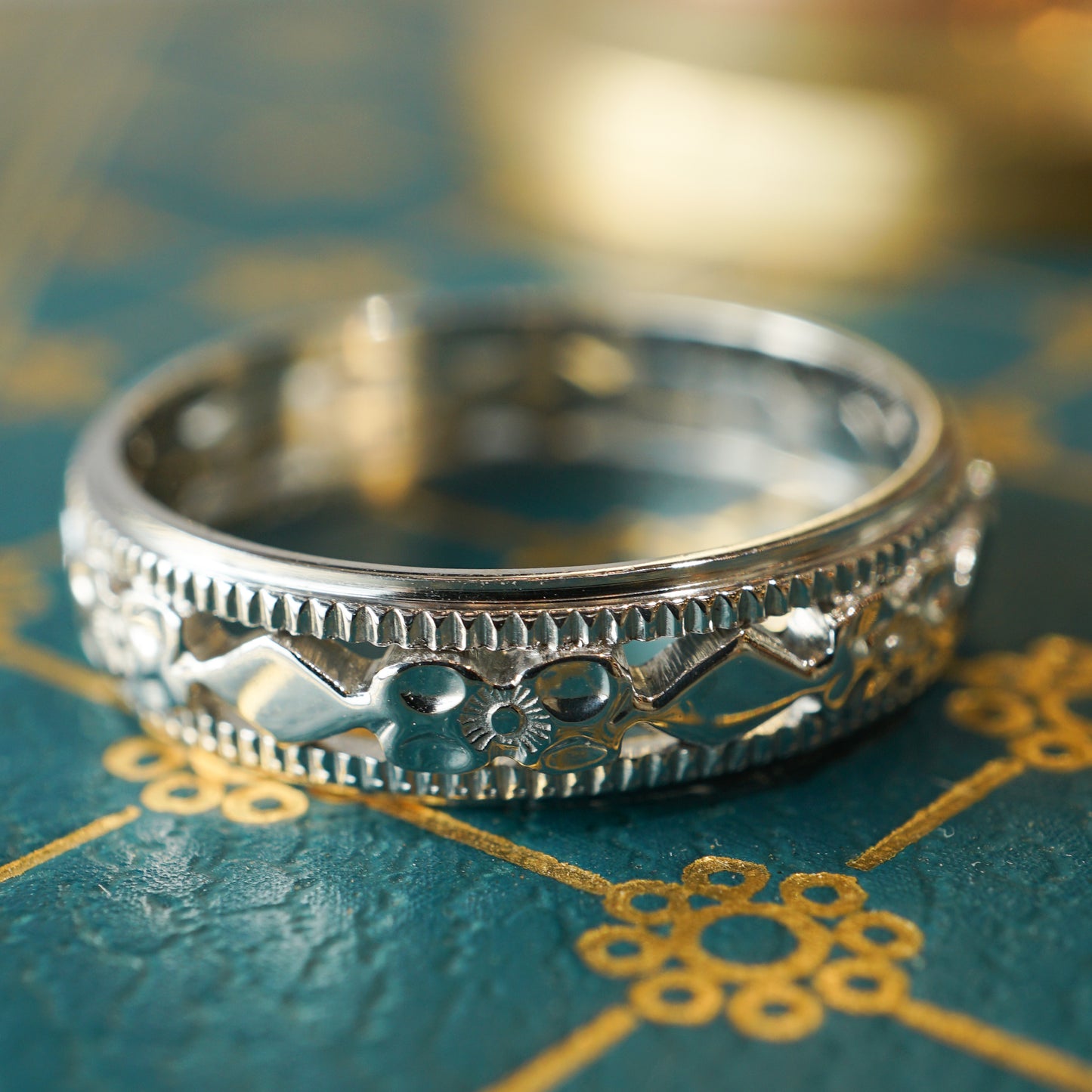 4.7mm Engraved Art Deco Wedding Band in 14k White Gold