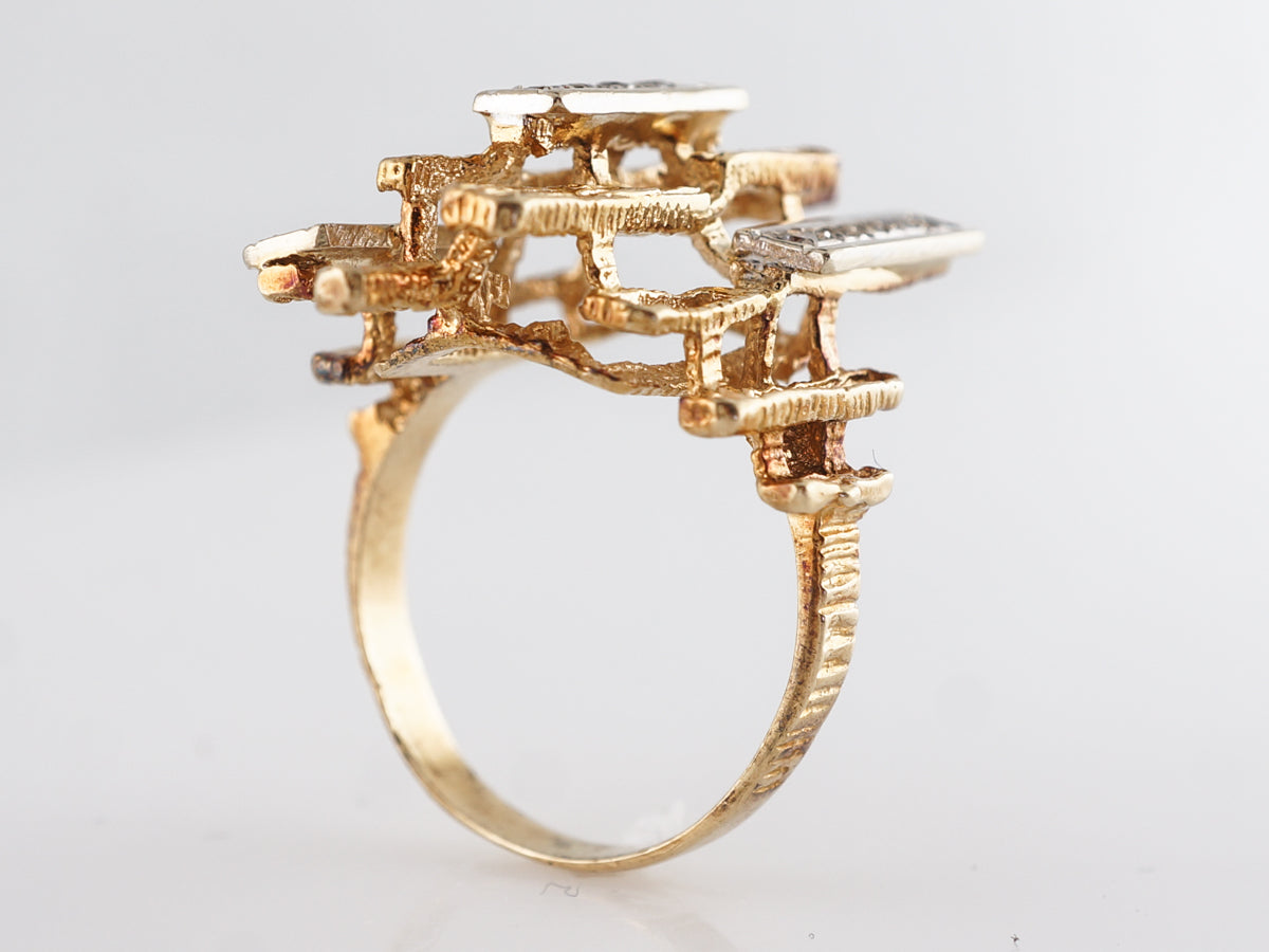 Mid-Century Bark Textured Diamond Ring 14k Yellow Gold