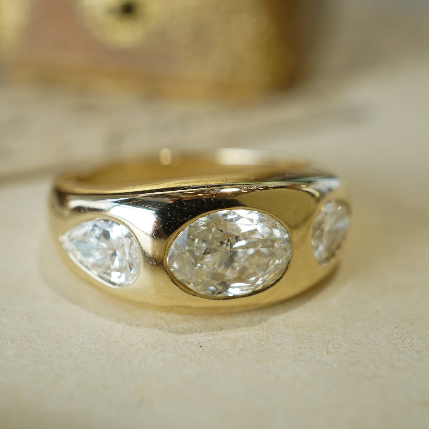 1.51 Three Stone Flush Set Diamond Cocktail Ring 14k Yellow Gold