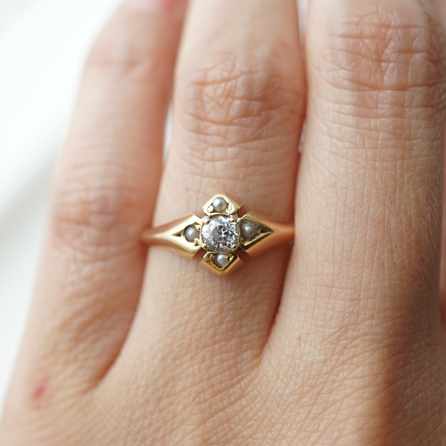 Victorian Diamond & Seed Pearl Ring in 14k Yellow Gold