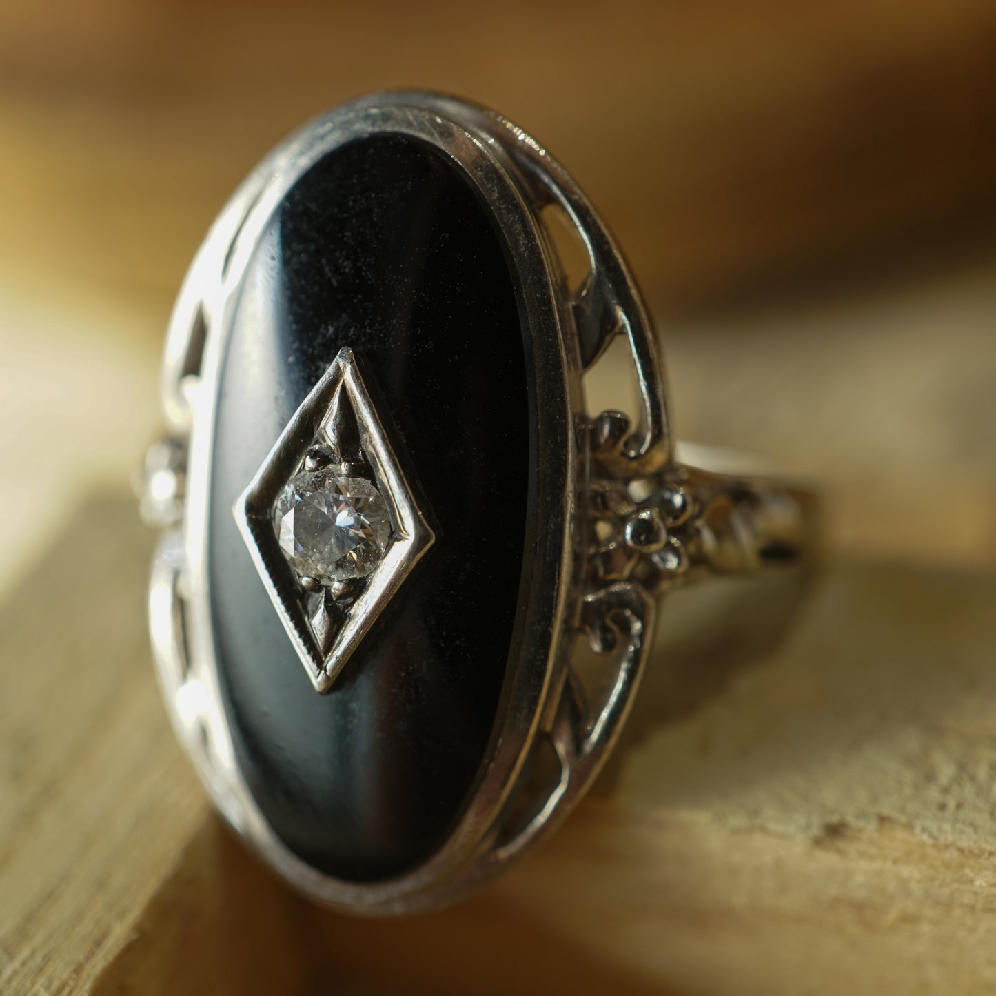 Art Deco .12 Diamond & Onyx Ring in 14k White Gold