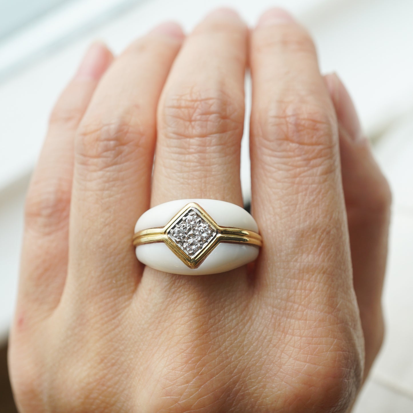 White Coral & Diamond Ring in 18k Yellow Gold