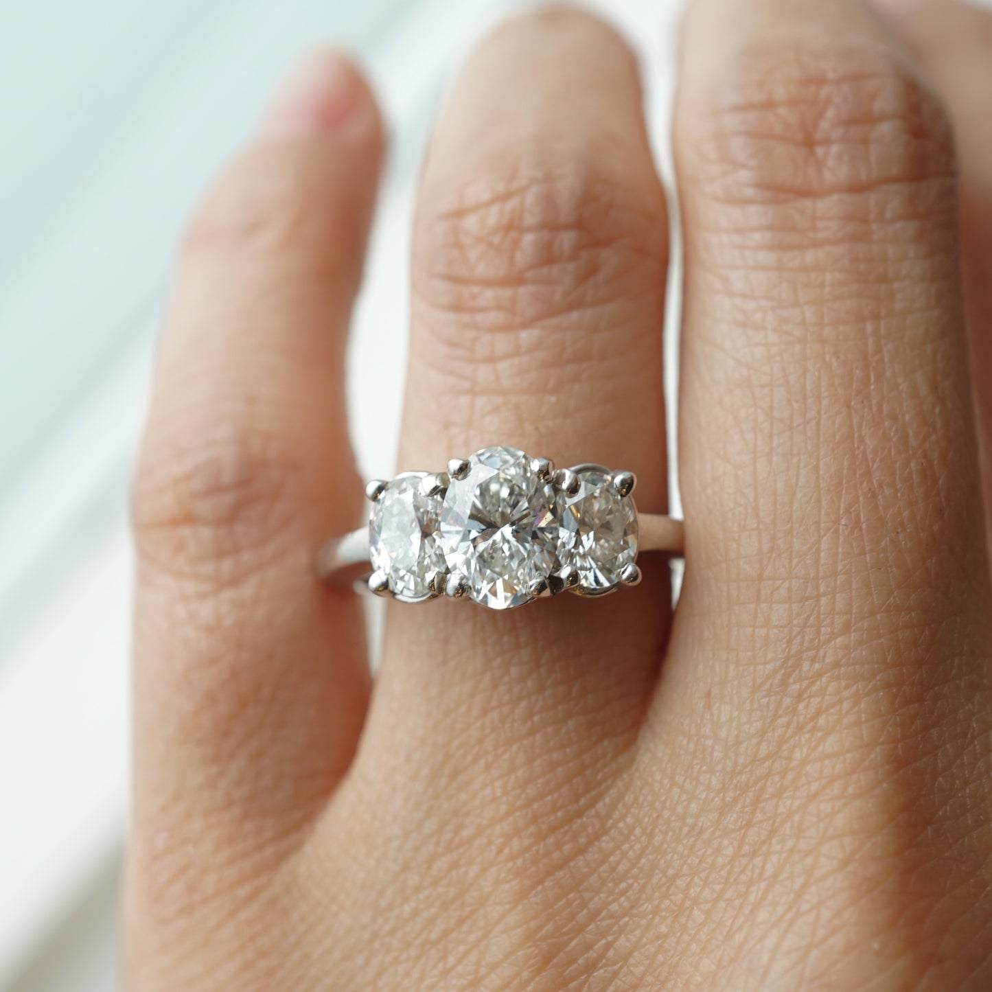 Three Stone Oval Cut Diamond Engagement Ring in 14k White Gold