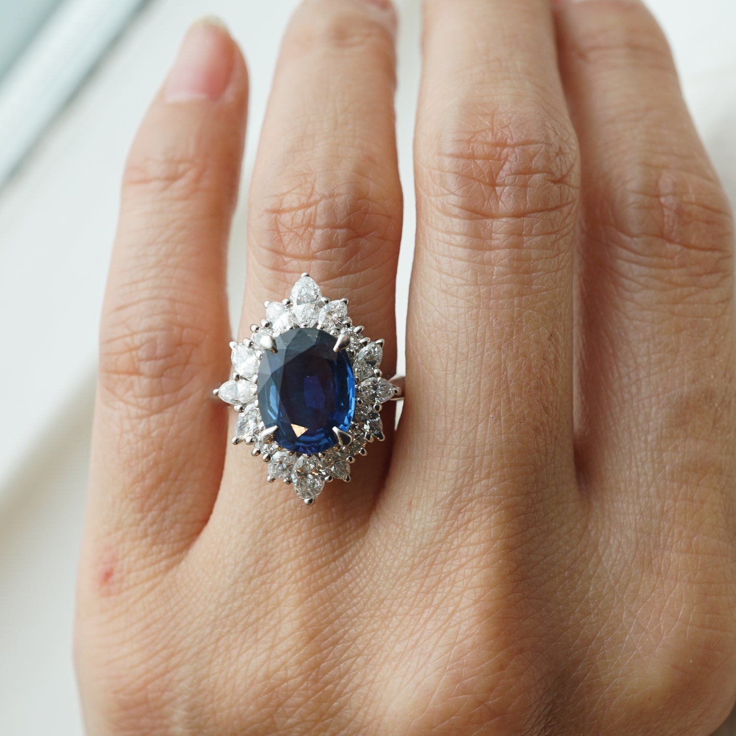 Sapphire & Marquise Cut Diamond Halo Ring in Platinum