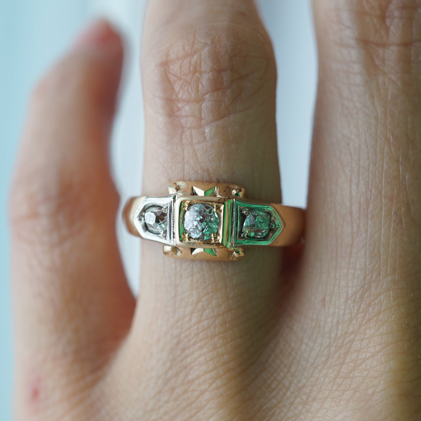 Retro Three Stone Diamond Engagement Ring 14k Gold