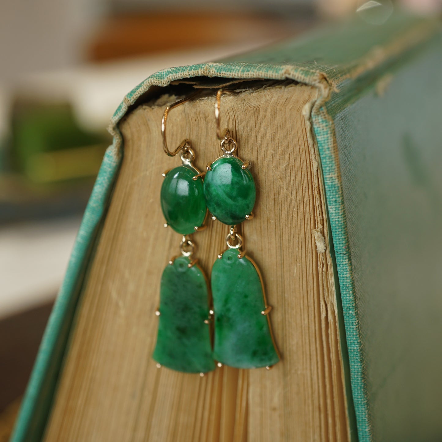 Mid-Century Jade Bell Earrings 14K Yellow Gold
