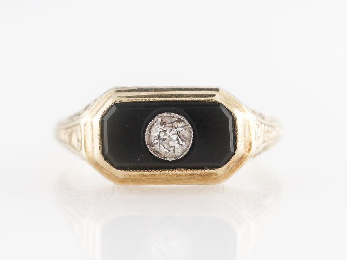 Victorian Onyx Diamond Cocktail Ring 14k Yellow Gold – Filigree