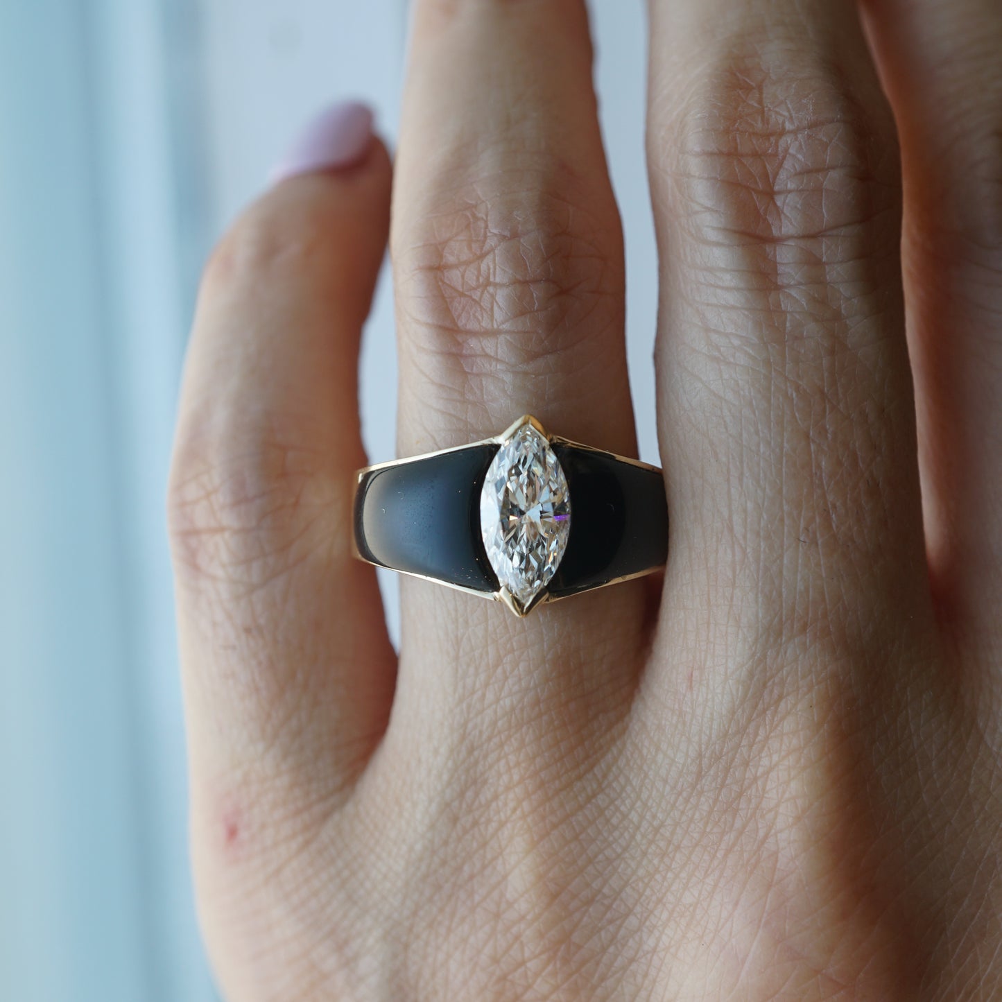 Marquise Diamond & Onyx Cocktail Ring in 14k Yellow Gold