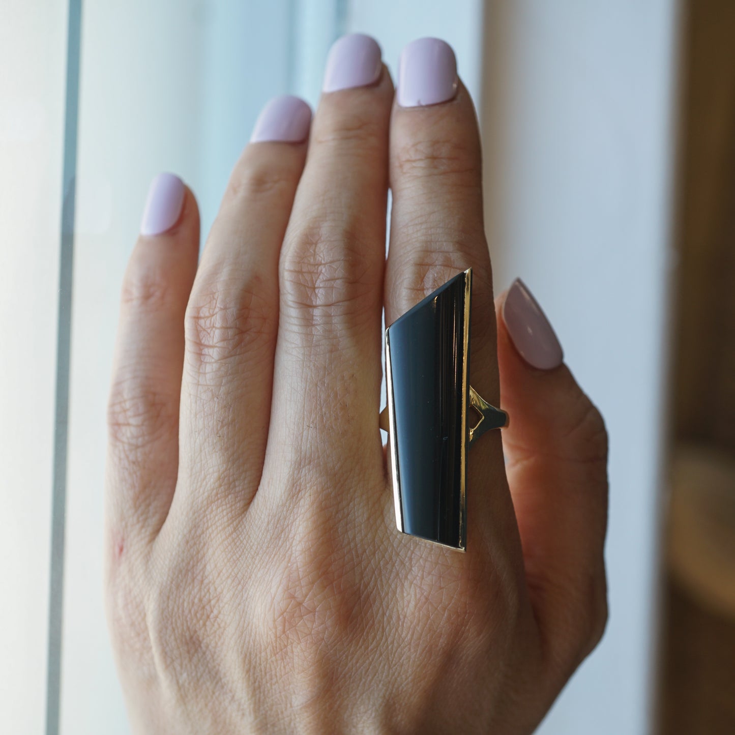 Mid-Century Onyx Shield Cocktail Ring 14k Yellow Gold