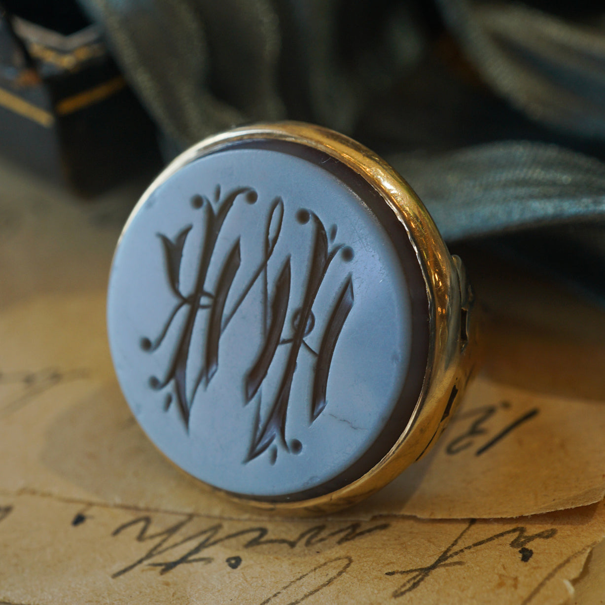 Victorian Engraved Agate Ring in 10k Yellow Gold