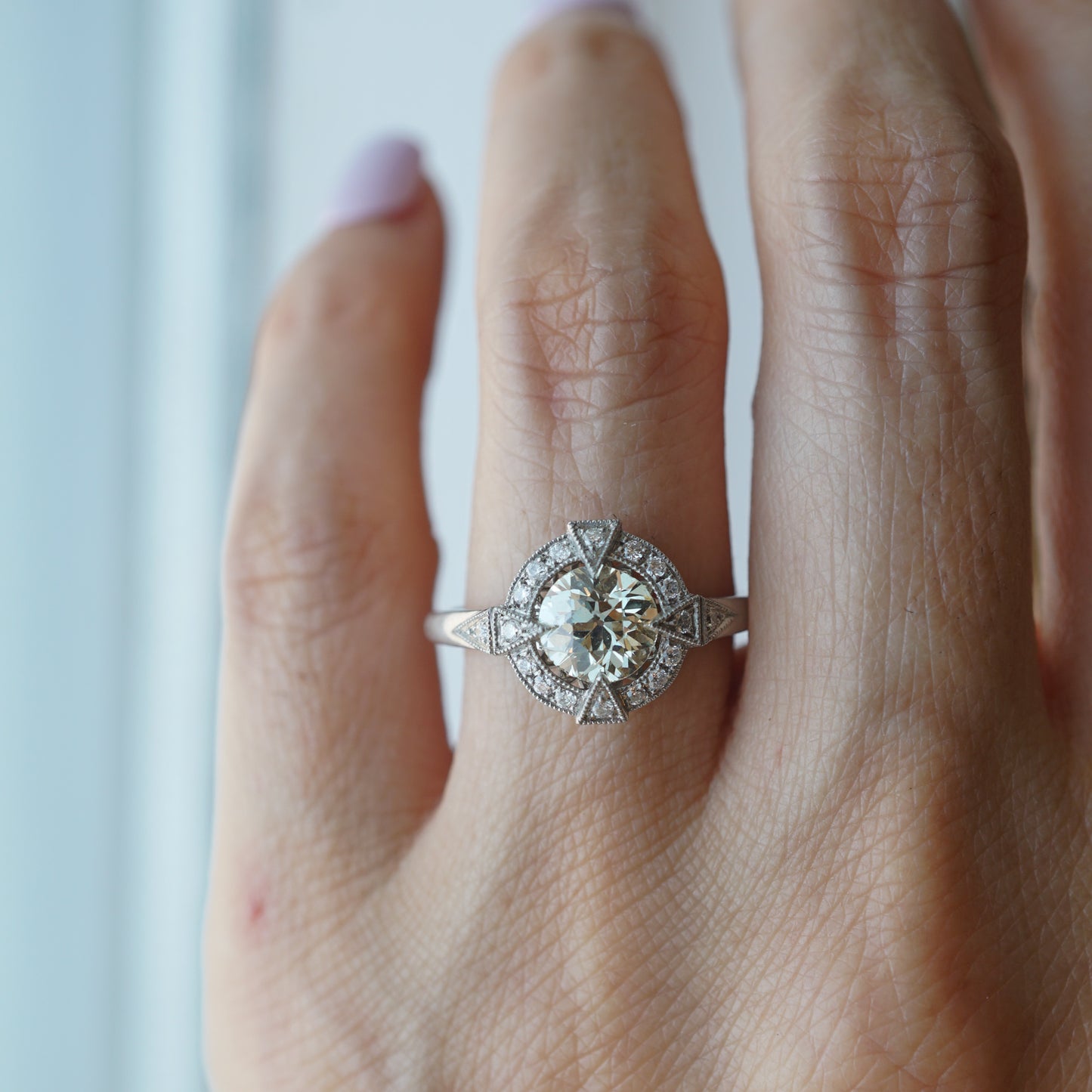 Geometric Antique Inspired Diamond Engagement Ring in Platinum