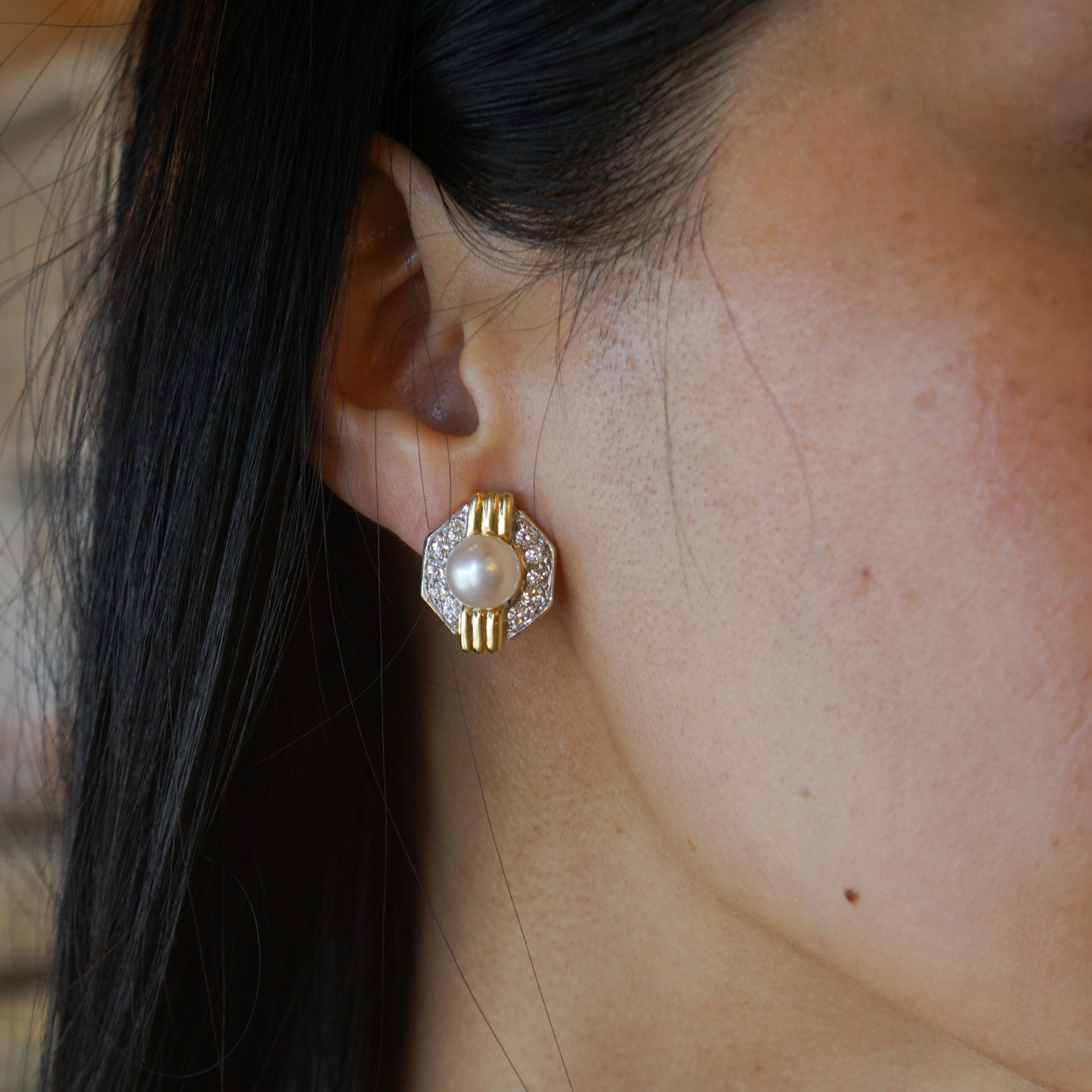 Badler Pearl & Diamond Earrings in 18k Yellow Gold