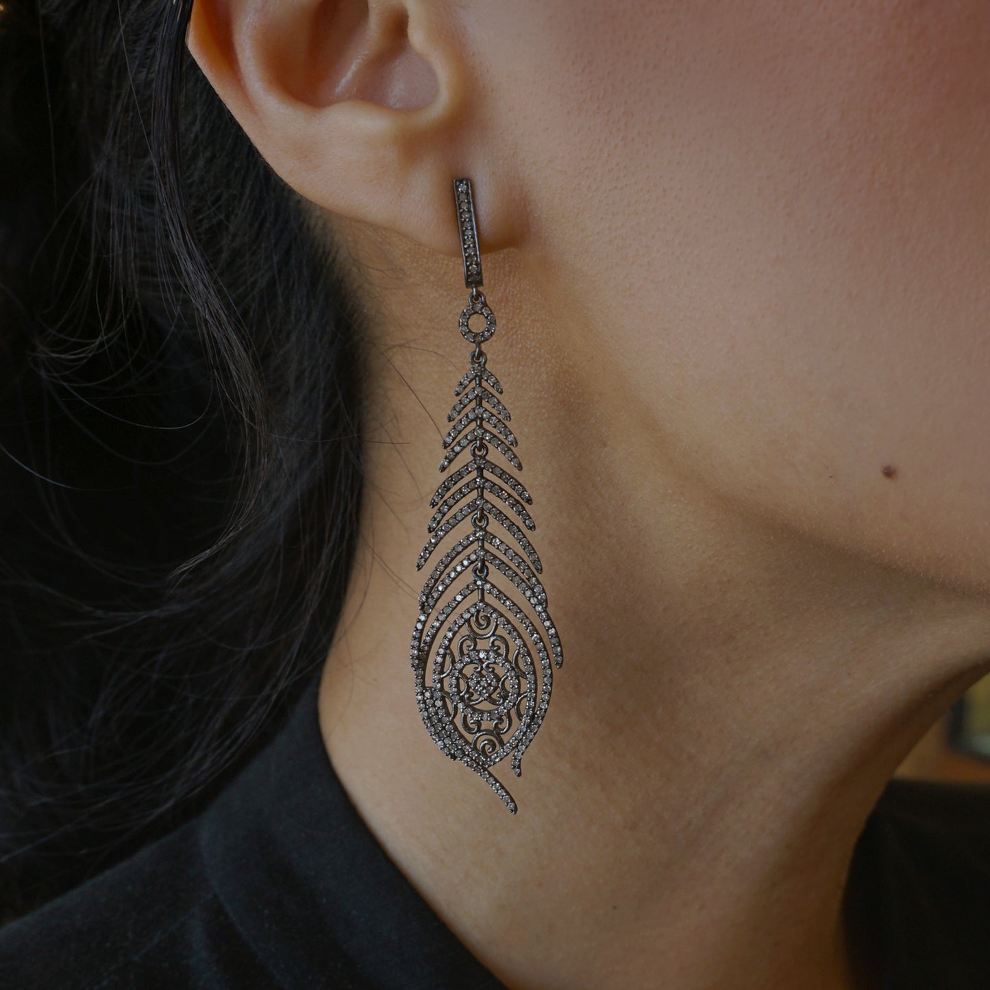 Pave Diamond Feather Earrings in Sterling Silver