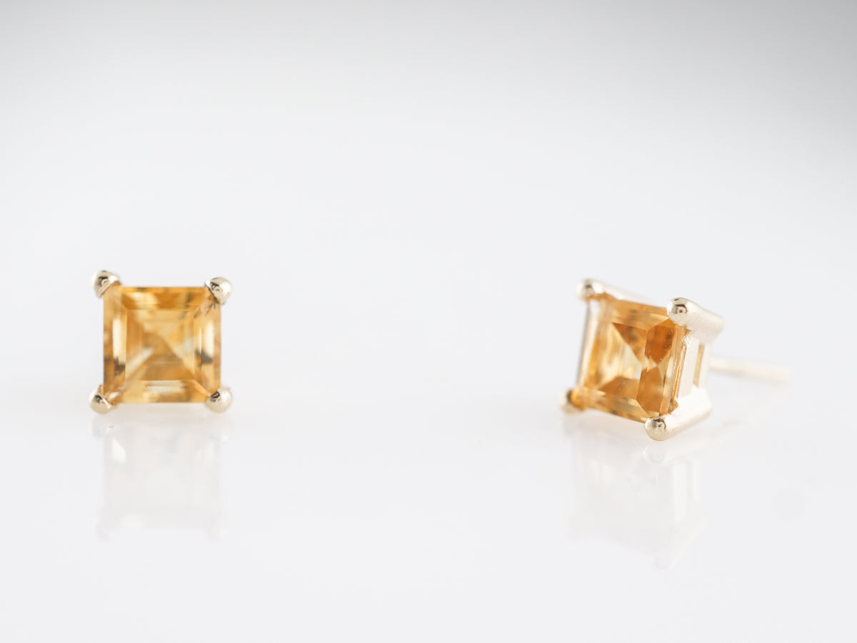 Square Cut Citrine Earrings in 14k Yellow Gold