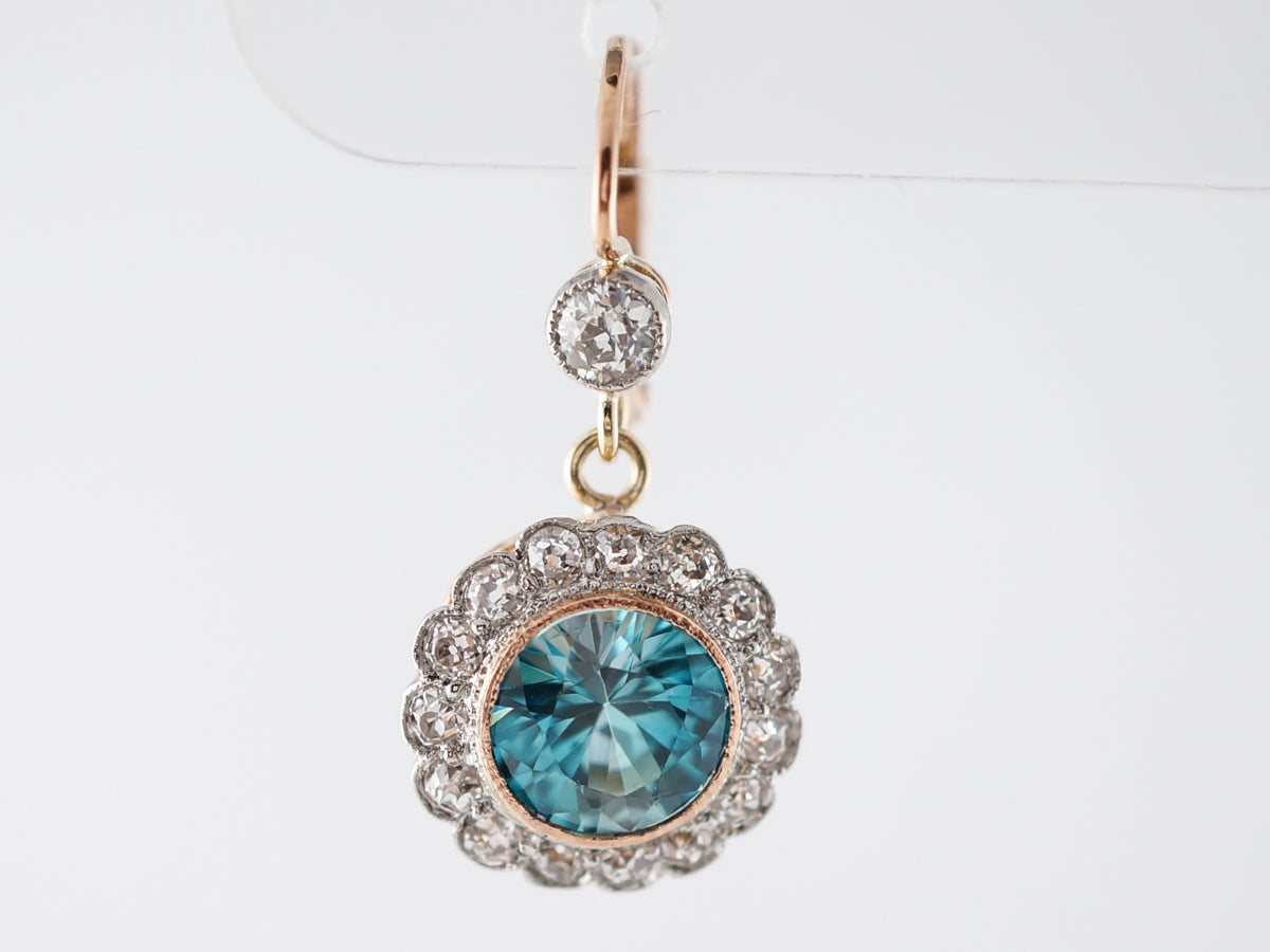 Blue Zircon & Diamond Earrings in Yellow Gold & Platinum