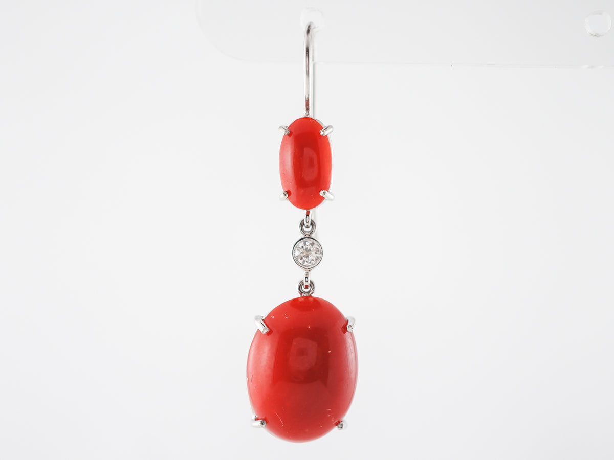 Earrings Modern Cabochon Cut Coral & .12 Round Cut Diamonds in 14k White Gold