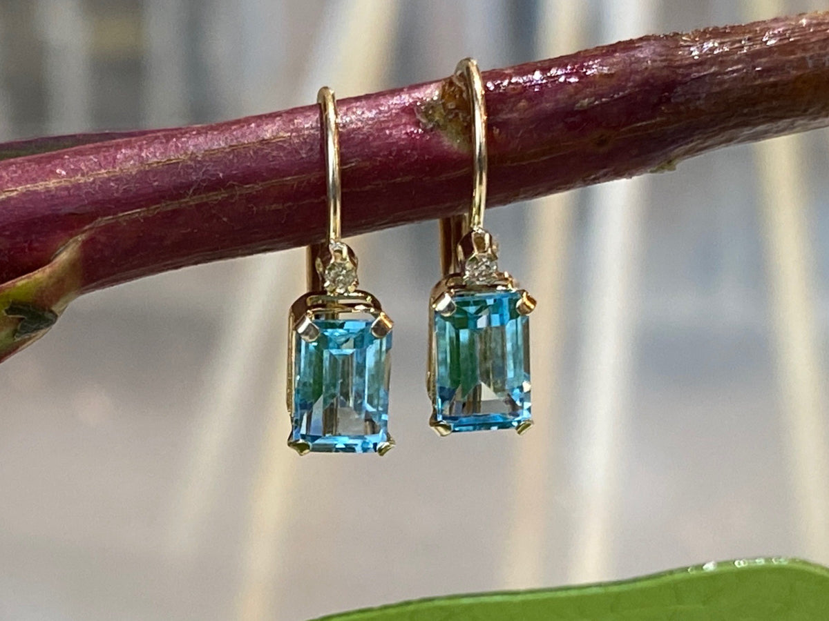 Emerald Cut Aquamarine Earrings w/ Diamonds in Yellow Gold