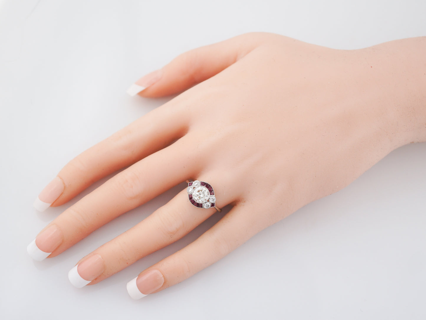 Engagement Ring Art Deco Inspired Modern 1.09 Round Brilliant Cut Diamond & Ruby in Platinum